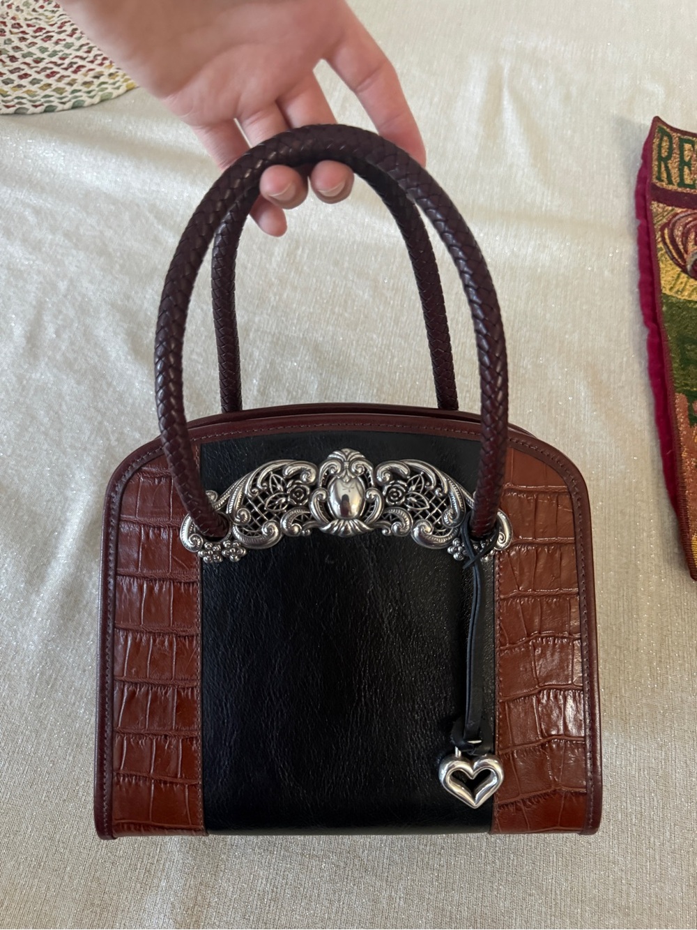 Structured Two-Tone Leather Top-Handle Bag in Brown & Black